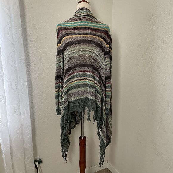 Billabong Womens Striped Open Front Duster Cardigan Size large Boho Beach Fringe - Picture 2 of 6